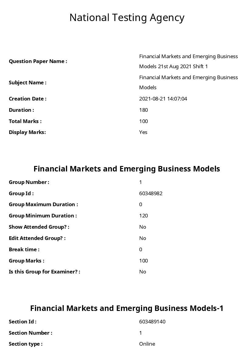 ARPIT 2021 Question Paper for Financial Markets and Emerging Business Models - Page 1 of 53