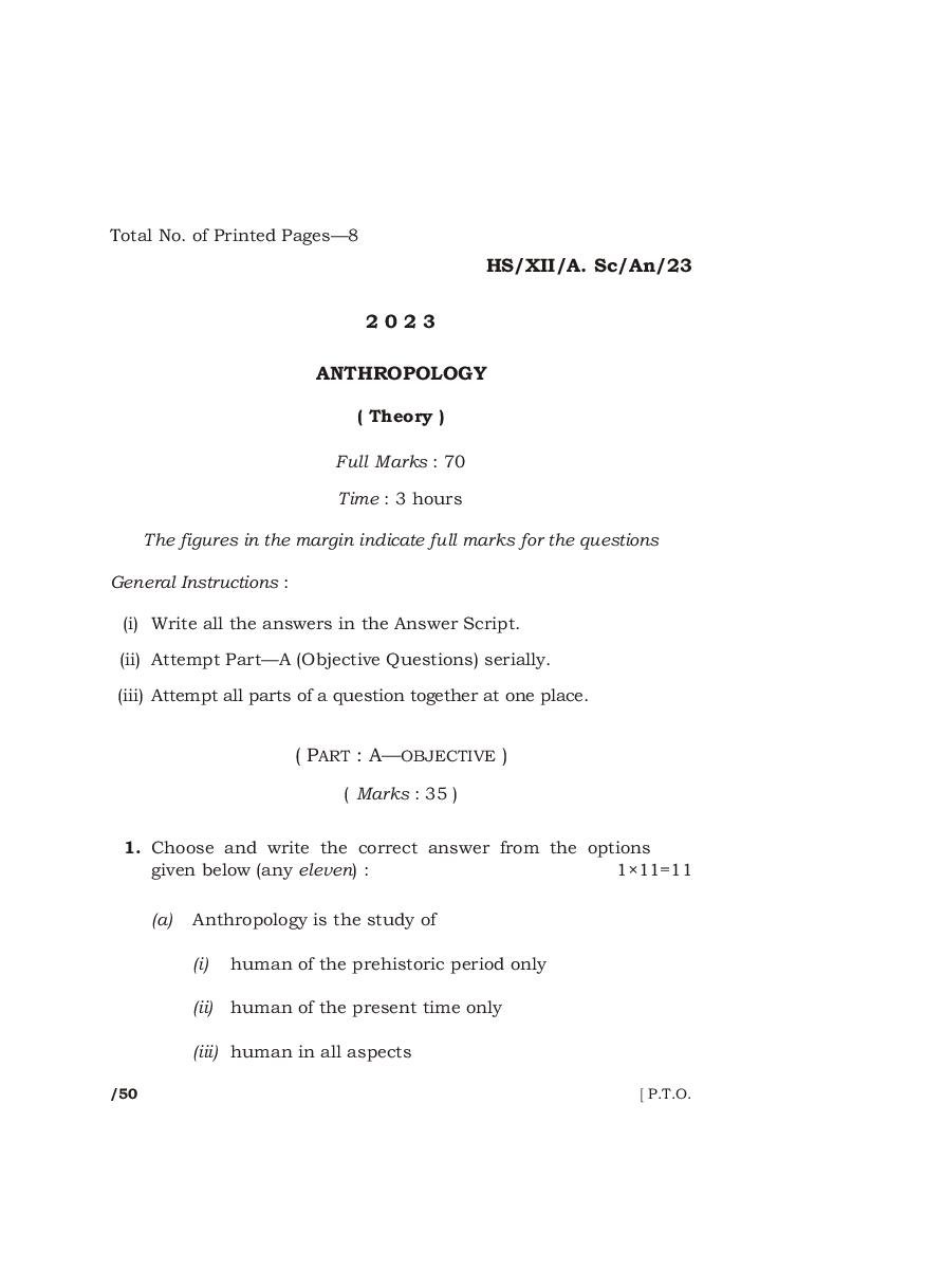 MBOSE Class 12 Question Paper 2023 for Anthropology - Page 1