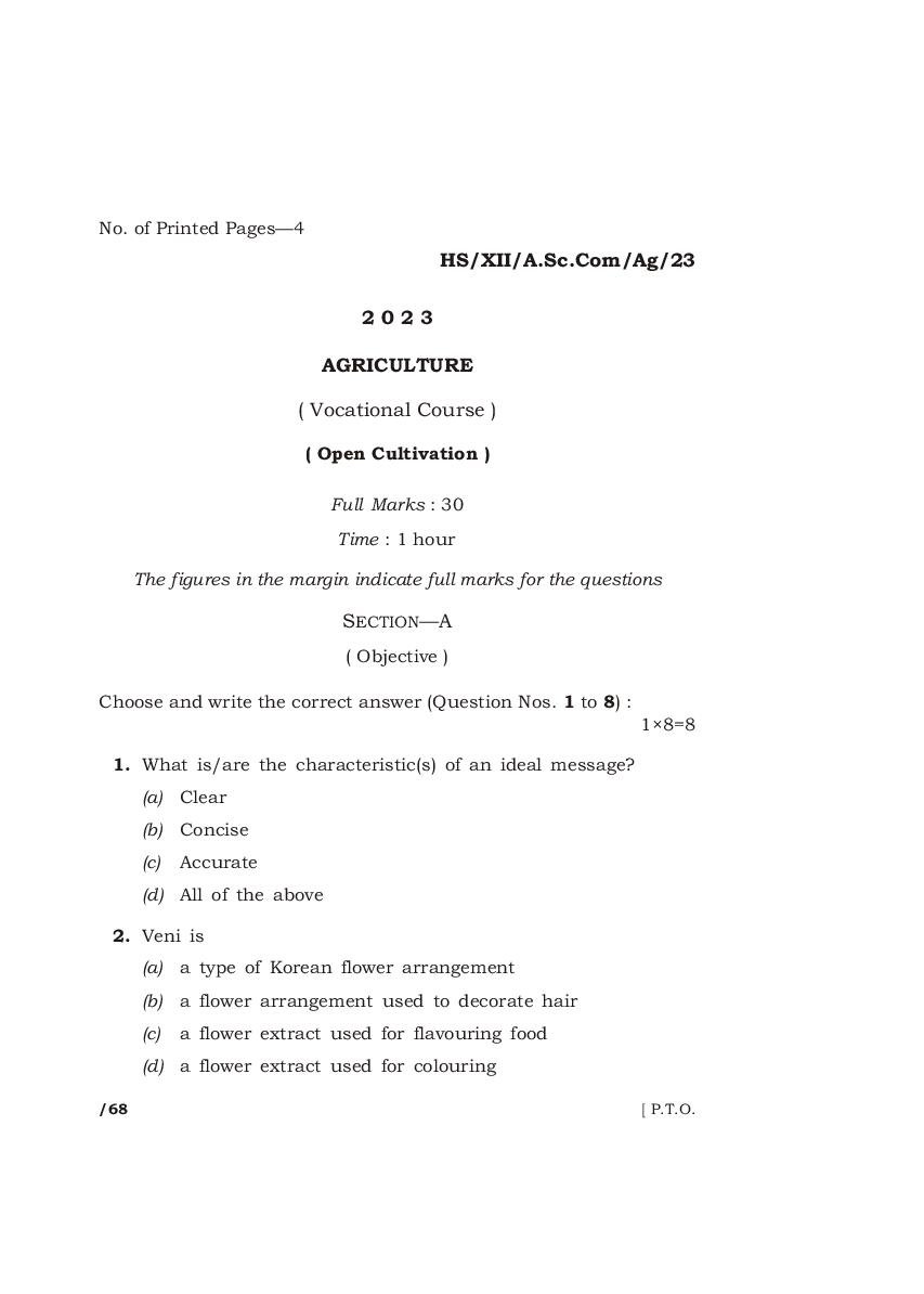 MBOSE Class 12 Question Paper 2023 for Agriculture - Page 1