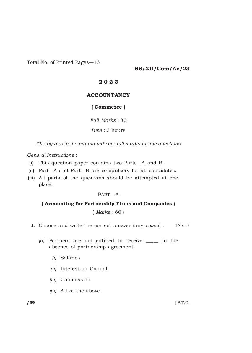 MBOSE Class 12 Question Paper 2023 for Accountancy - Page 1