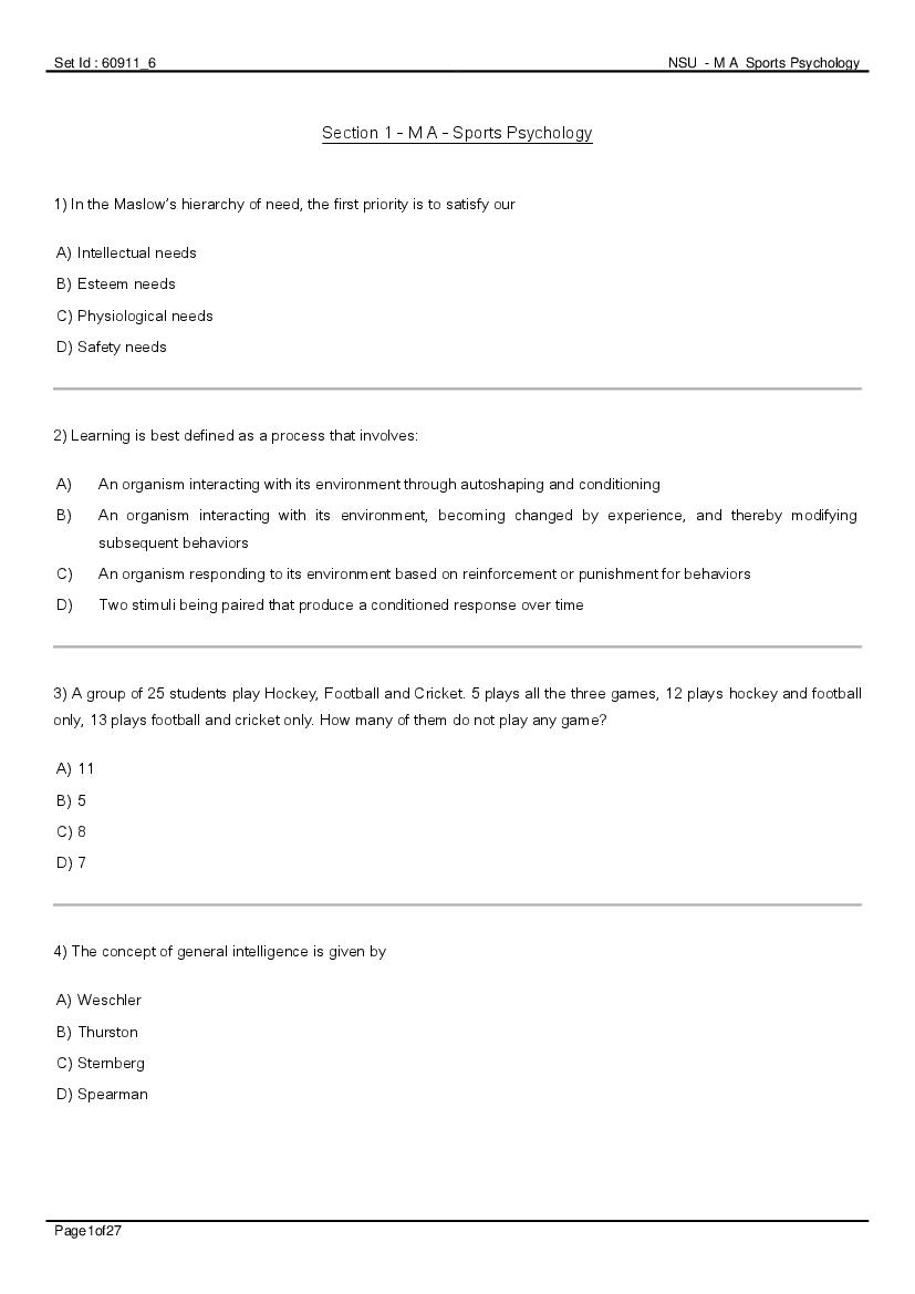 NSU 2020 Admission Test Question Paper MA Sports Psychology - Page 1