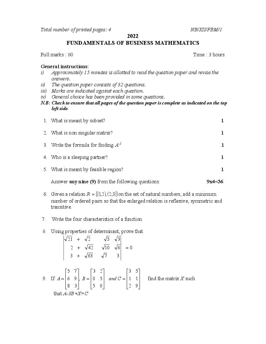 NBSE Class 12 Question Paper 2022 Fundamentals Of Business Mathematics - Page 1
