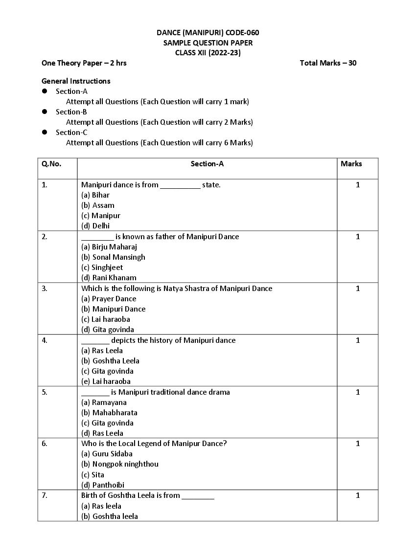 CBSE Class 12 Sample Paper 2023 Manipuri Dance - Page 1