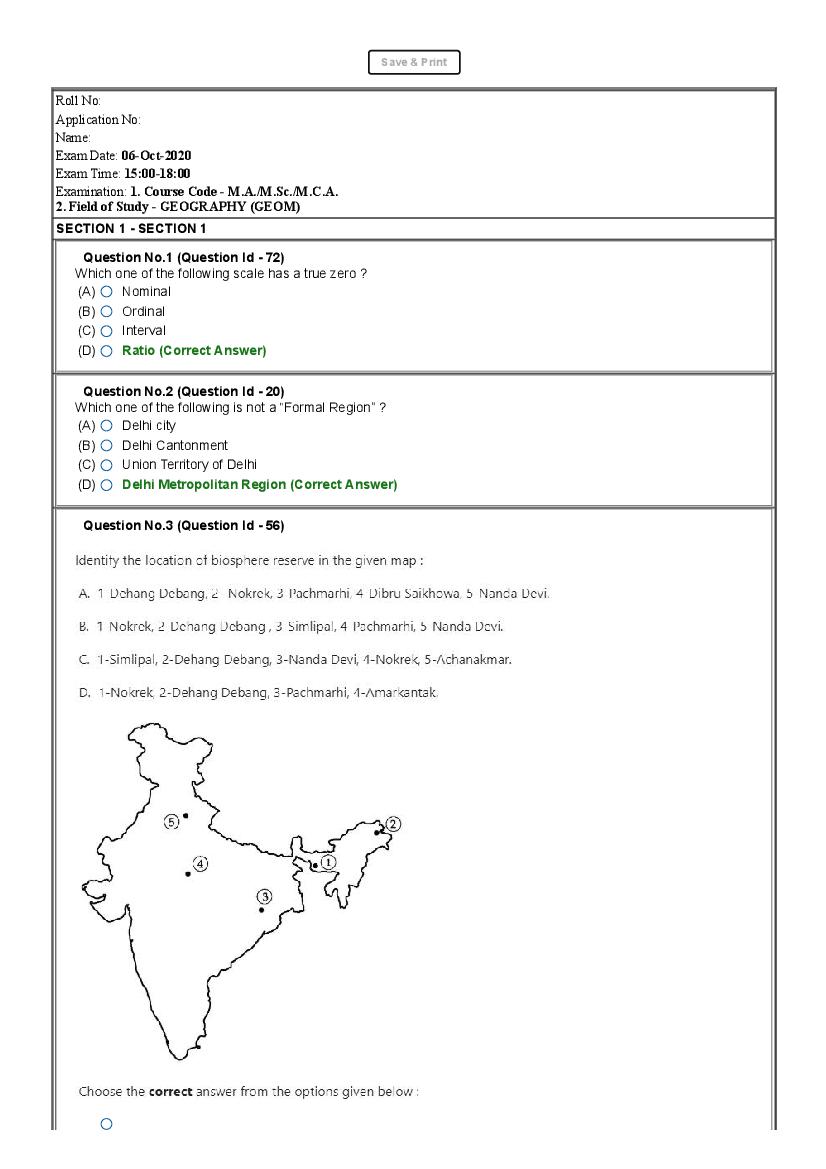 JNUEE 2020 Question Paper MA, M.Sc, MCA Geography - Page 1