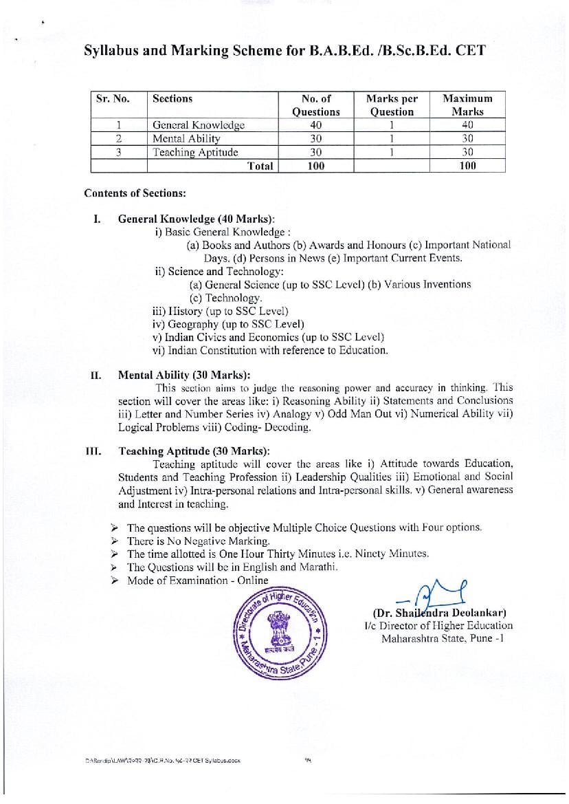 MAH BA/B.Sc-B.Ed CET 2024 Syllabus (PDF) - AglaSem Admission