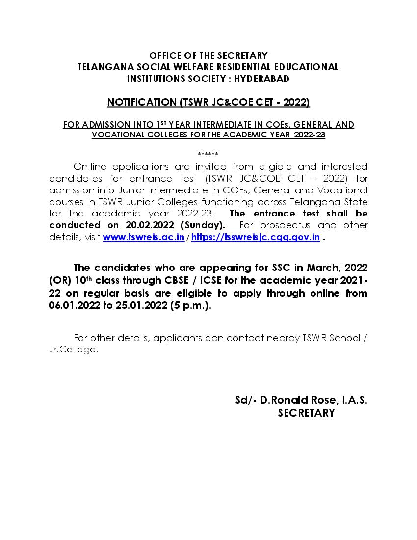 TSWR JC CET 2022 Application Form and Exam Date Notice - Page 1