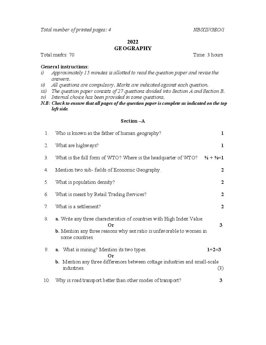 NBSE Class 12 Question Paper 2022 Geography - Page 1