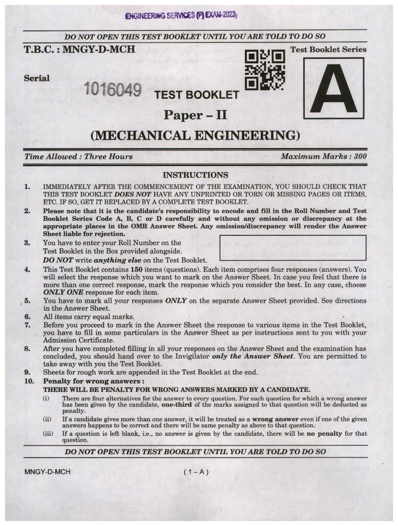UPSC IES 2023 (Prelims) Question Paper for Mechanical Engineering - Page 1