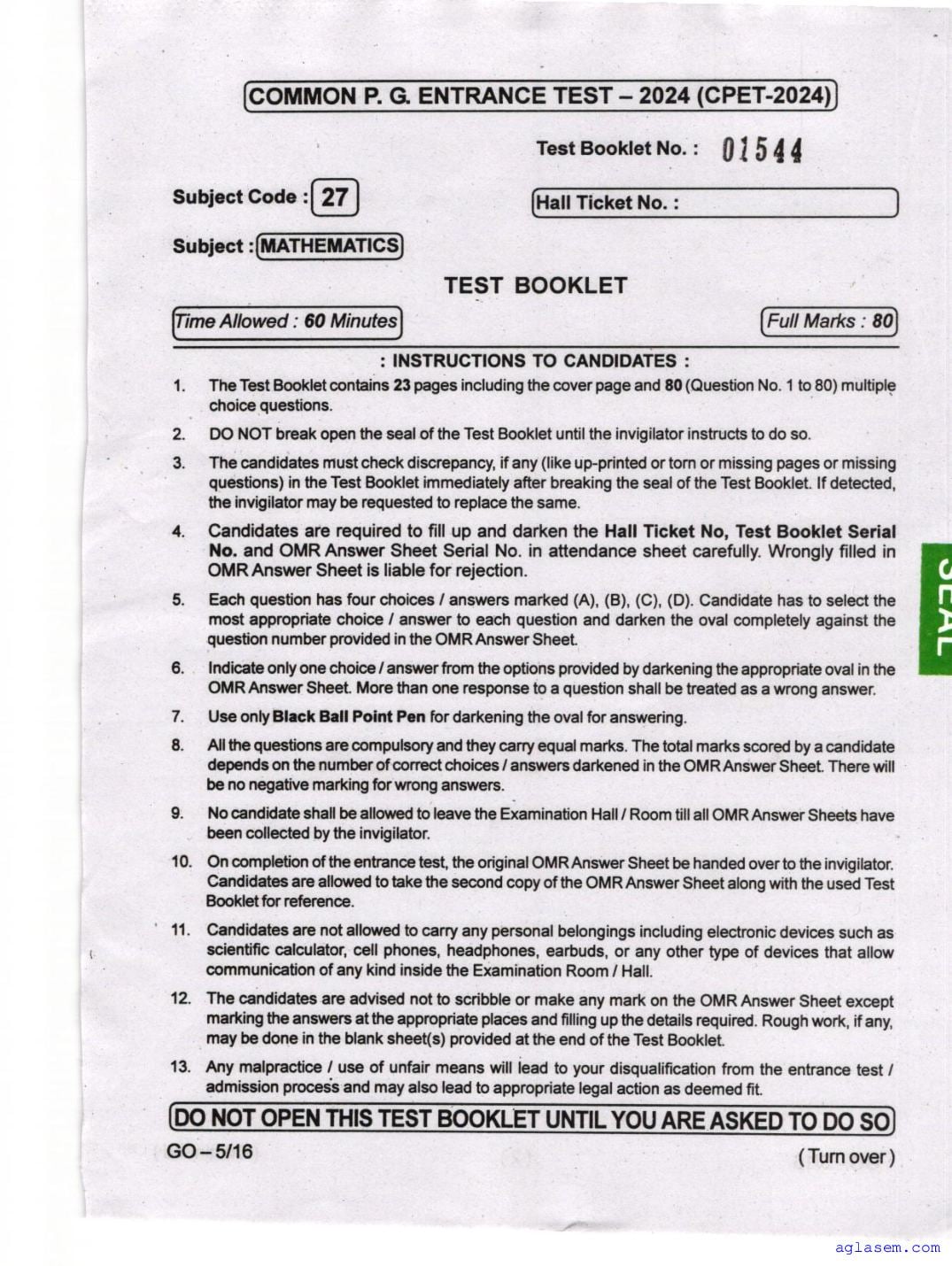 Odisha CPET 2024 Question Paper Mathematics - Page 1 of 24