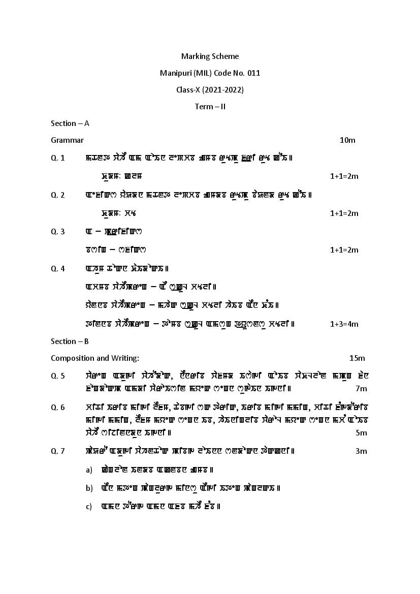 CBSE Class 10 Marking Scheme 2022 for Manipuri Term 2 - Page 1