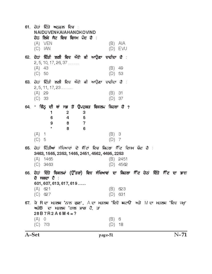 PU B.Ed Entrance Exam 2017 Question Paper Punjab