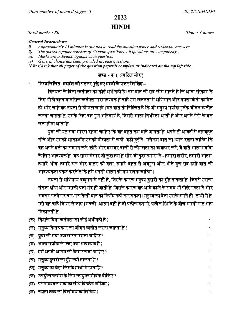 NBSE Class 12 Question Paper 2022 Hindi - Page 1