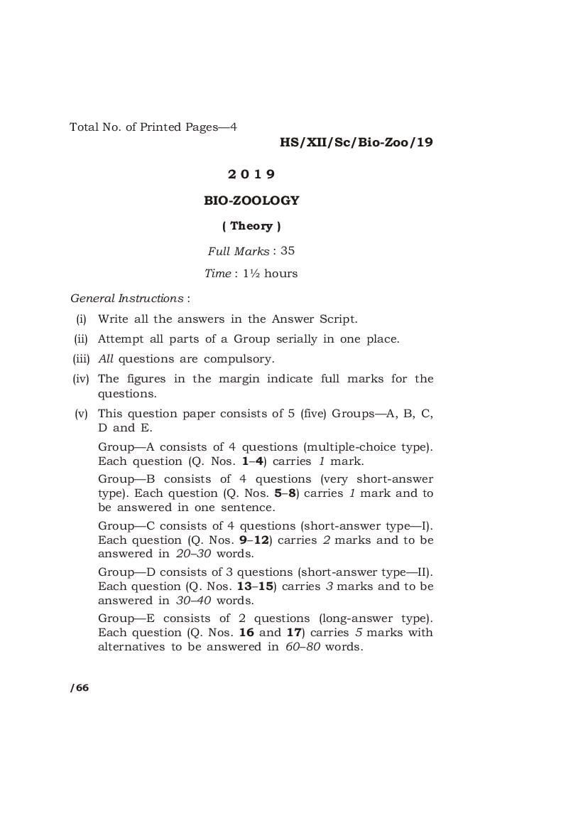 MBOSE Class 12 Question Paper 2019 for Bio Zoology - Page 1