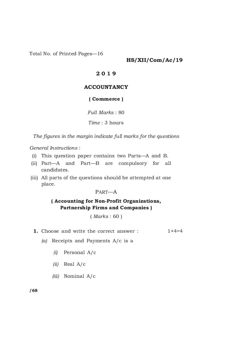 MBOSE Class 12 Question Paper 2019 for Accountancy - Page 1