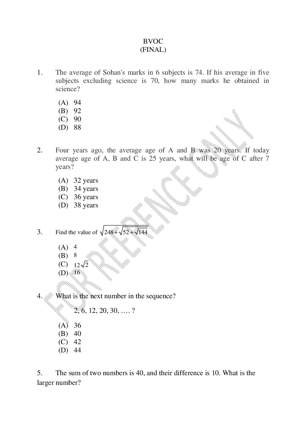 CUSAT CAT 2025 Question Paper BVoc - Page 1 of 50
