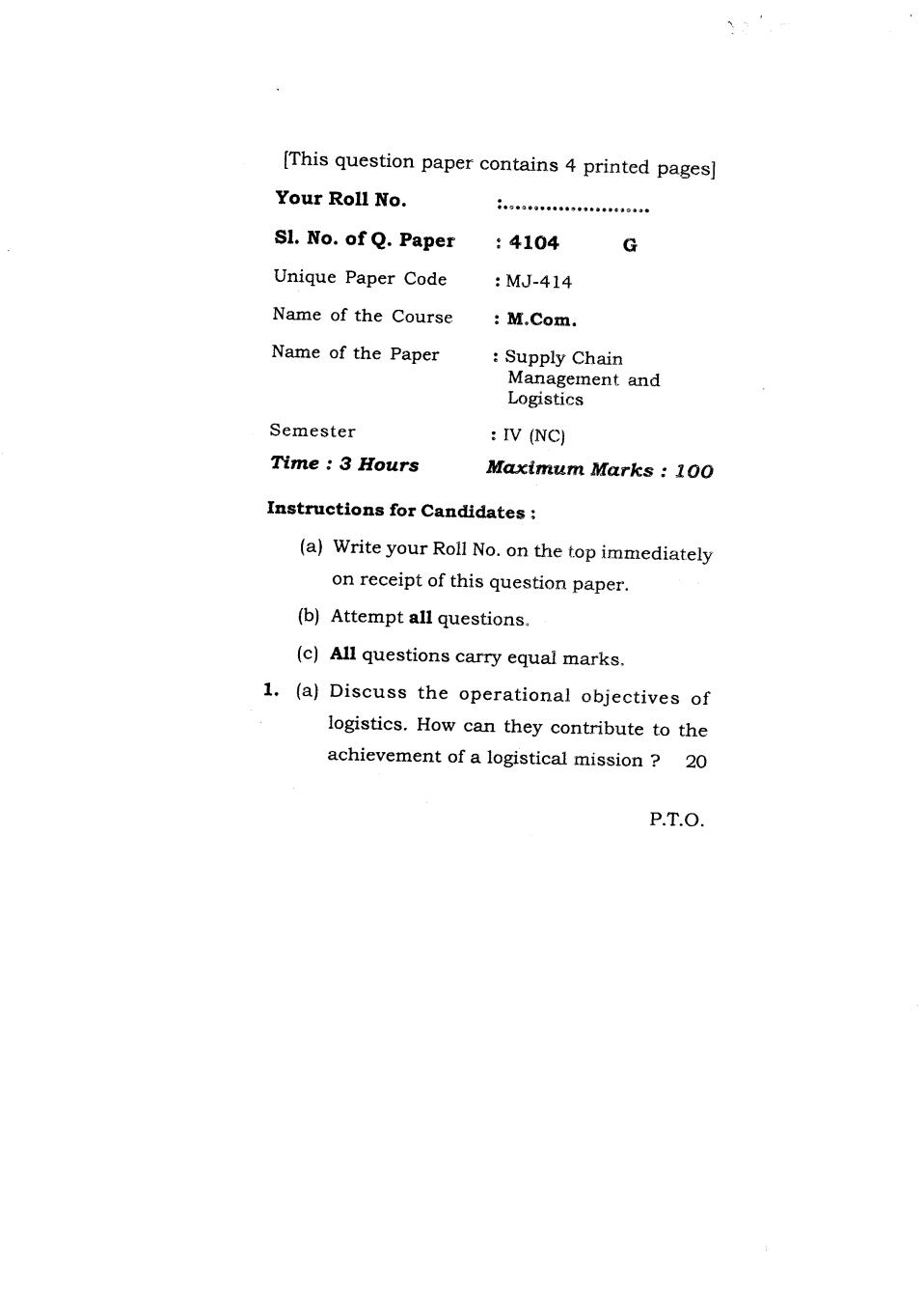 DU SOL M.Com Question Paper 2nd Year 2018 Sem 4 Supply Chain Management And Logistics - Page 1