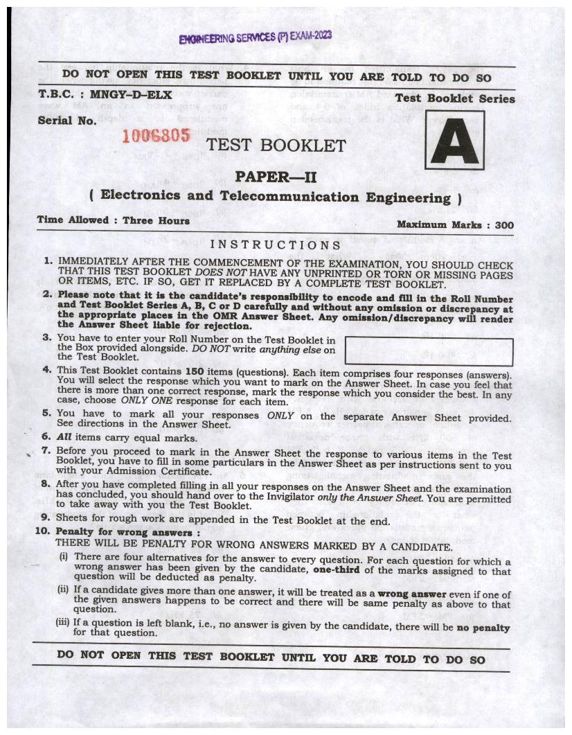 UPSC IES 2023 (Prelims) Question Paper for Electronics and Telecommunication Engineering - Page 1