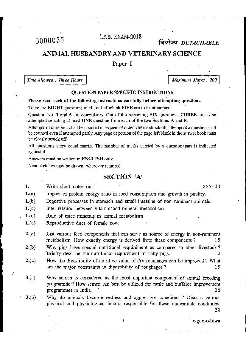 UPSC IFS 2015 Question Paper for Animal Husbandry & Veterinary Science Paper-I - Page 1
