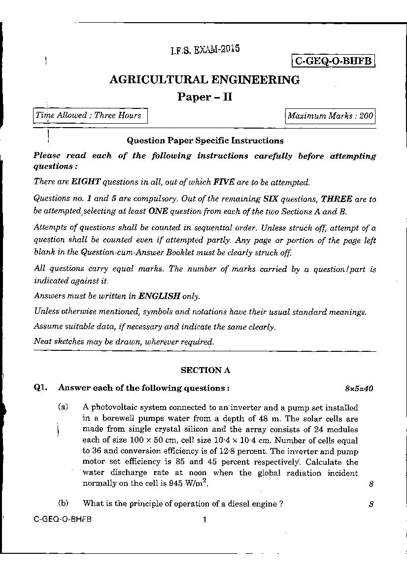 UPSC IFS 2015 Question Paper for Agriculture Engineering Paper-II - Page 1