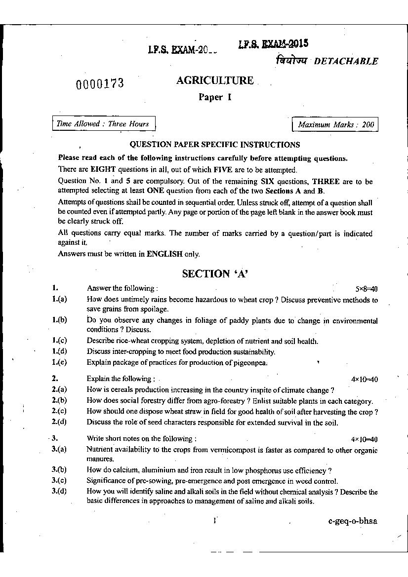 UPSC IFS 2015 Question Paper for Agriculture Paper-I - Page 1