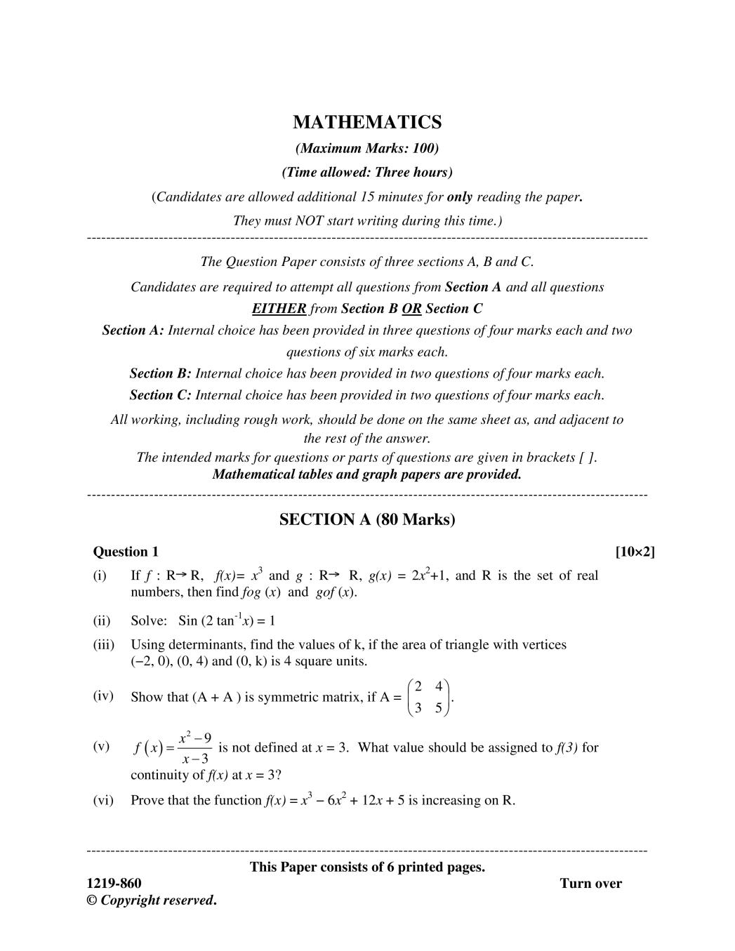 ISC Class 12 Question Paper 2019 for Mathematics  - Page 1