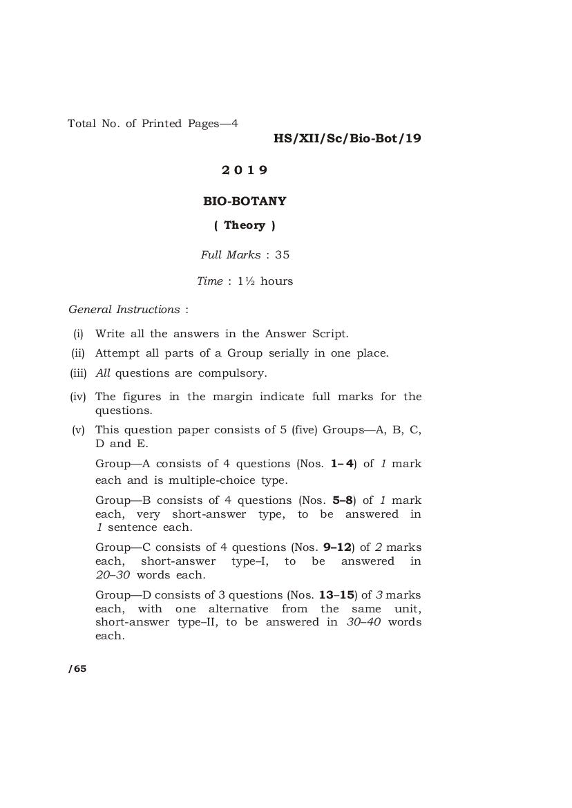 MBOSE Class 12 Question Paper 2019 for Bio Botany - Page 1