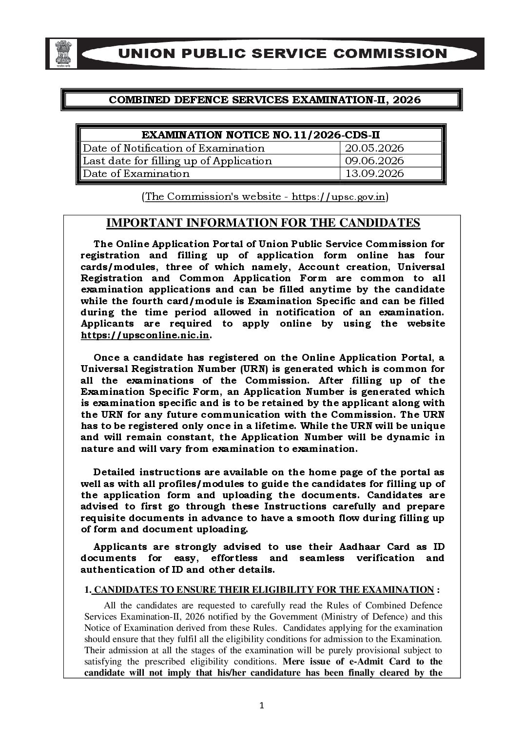 UPSC CDS II 2026 Notification - Page 1 of 35