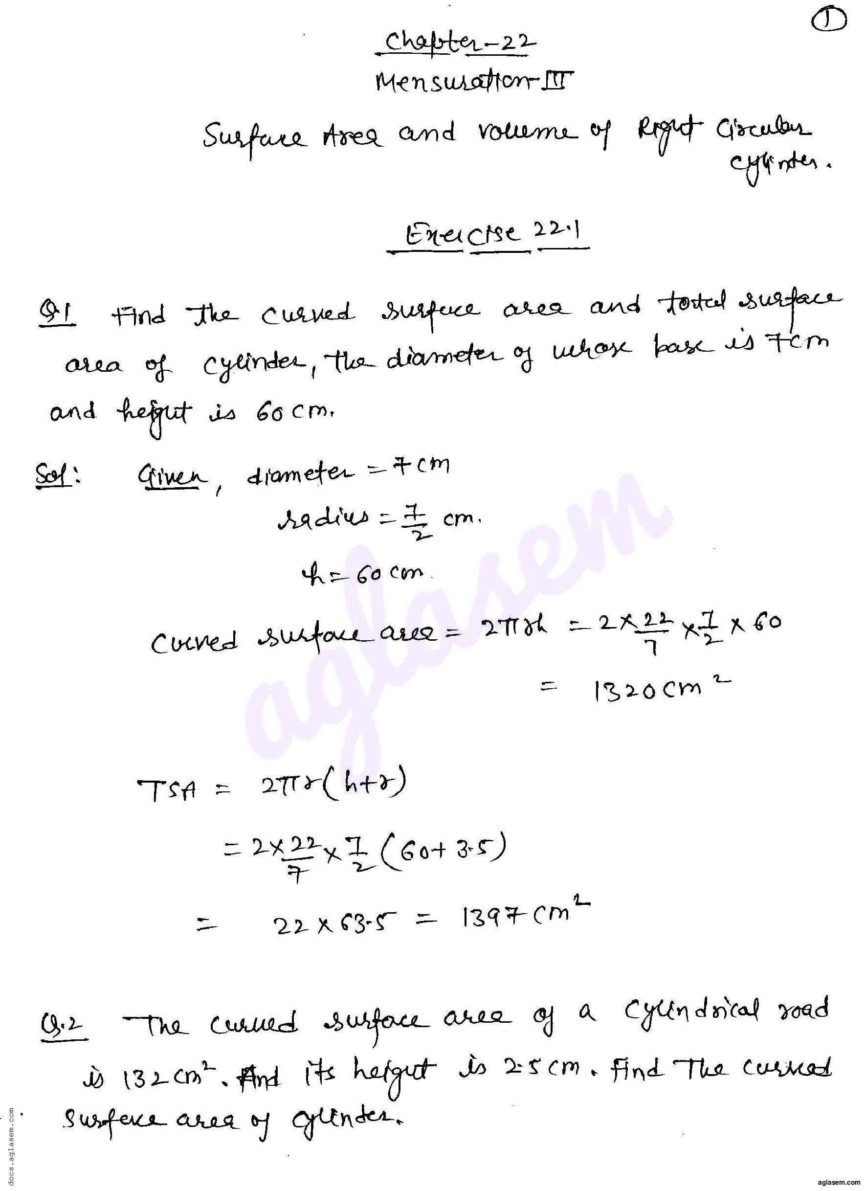 RD Sharma Solutions Class 8 Chapter 22 Mensuration III Surface Area and Volume of a Right Circular Cylinder Exercise 22.1 - Page 1