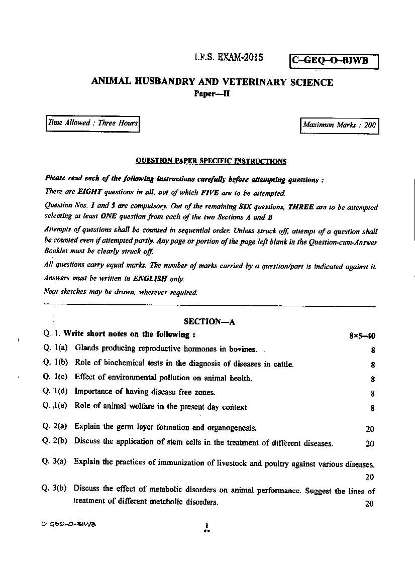 UPSC IFS 2015 Question Paper for Animal Husbandry & Veterinary Science Paper-II - Page 1