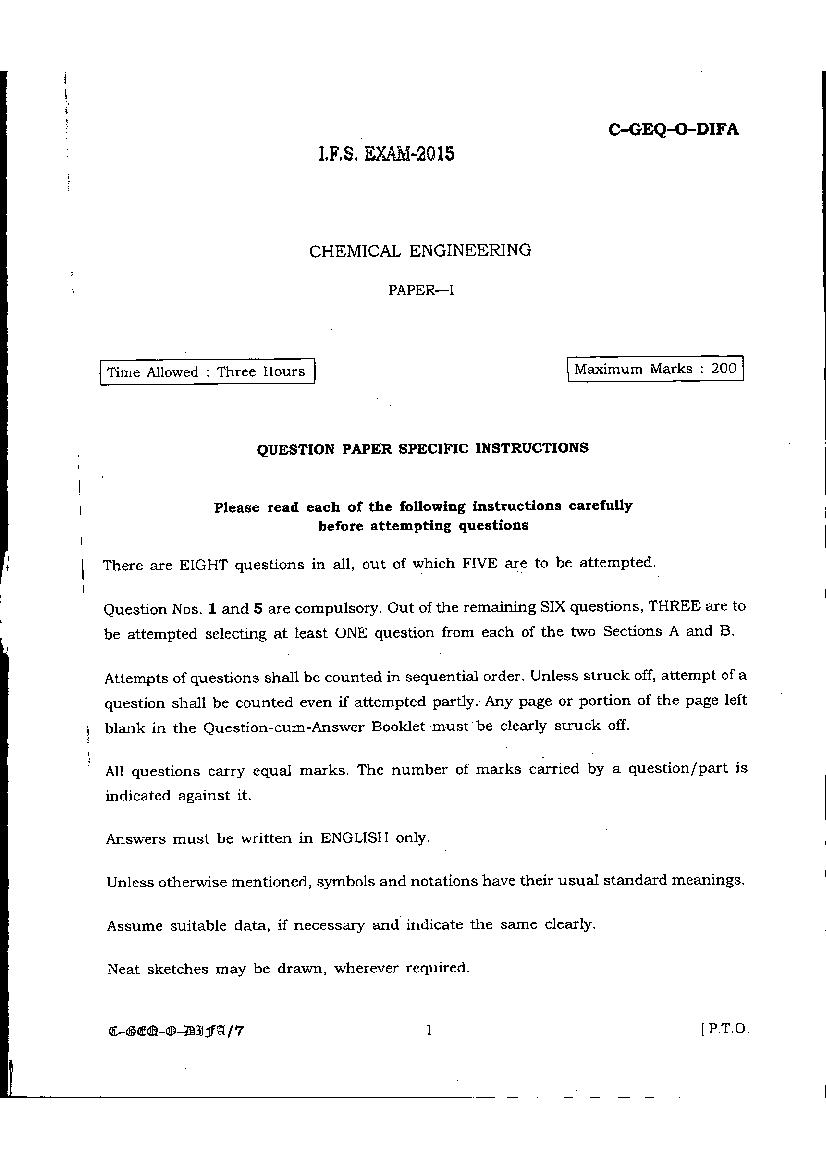 UPSC IFS 2015 Question Paper for Chemical Engineering Paper-I - Page 1