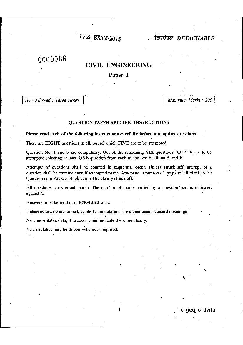 UPSC IFS 2015 Question Paper for Civil Engineering Paper-I - Page 1