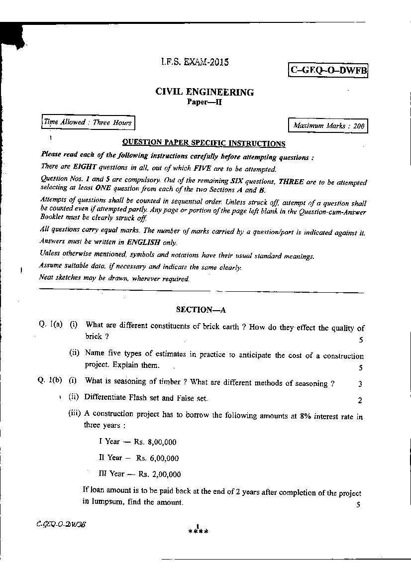 UPSC IFS 2015 Question Paper for Civil Engineering Paper-II - Page 1