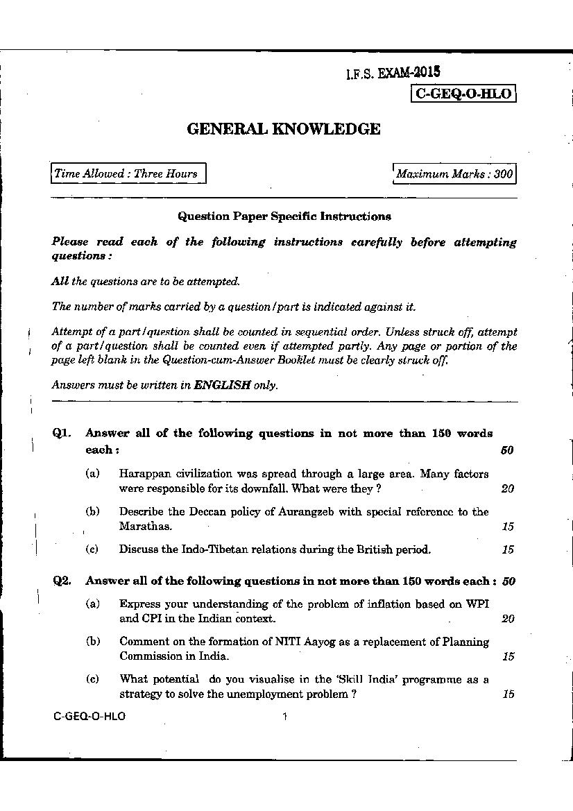 UPSC IFS 2015 Question Paper for General Knowledge - Page 1
