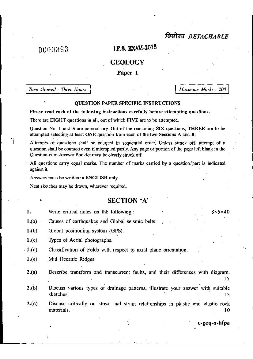 UPSC IFS 2015 Question Paper for Geology Paper-I - Page 1