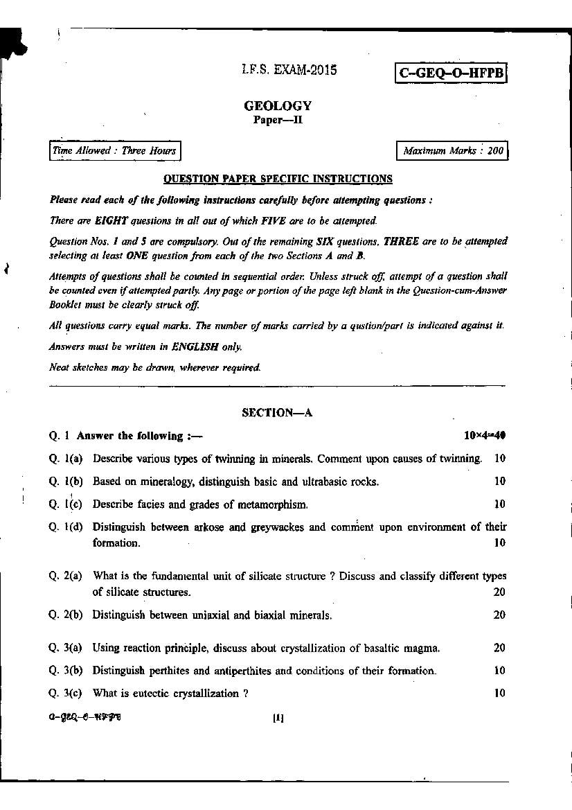 UPSC IFS 2015 Question Paper for Geology Paper-II - Page 1