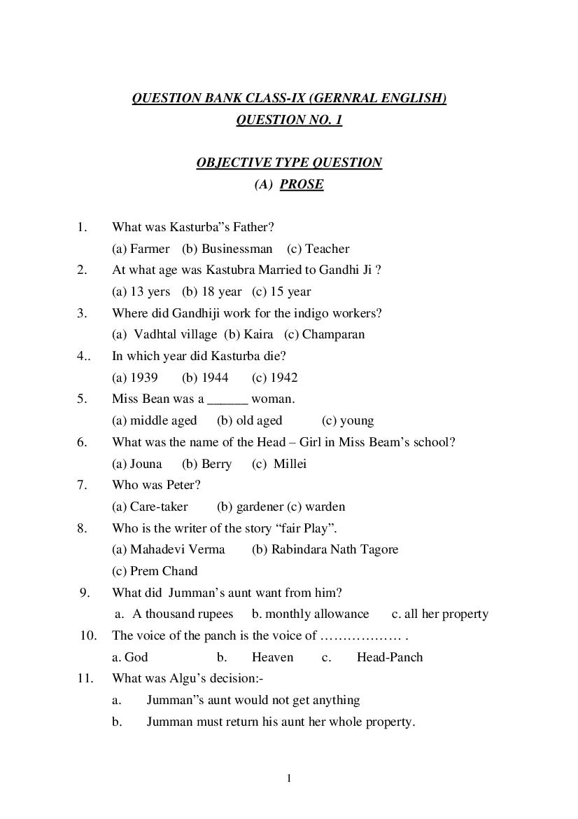 MP Board Class 9 Question Bank English (General) - Page 1