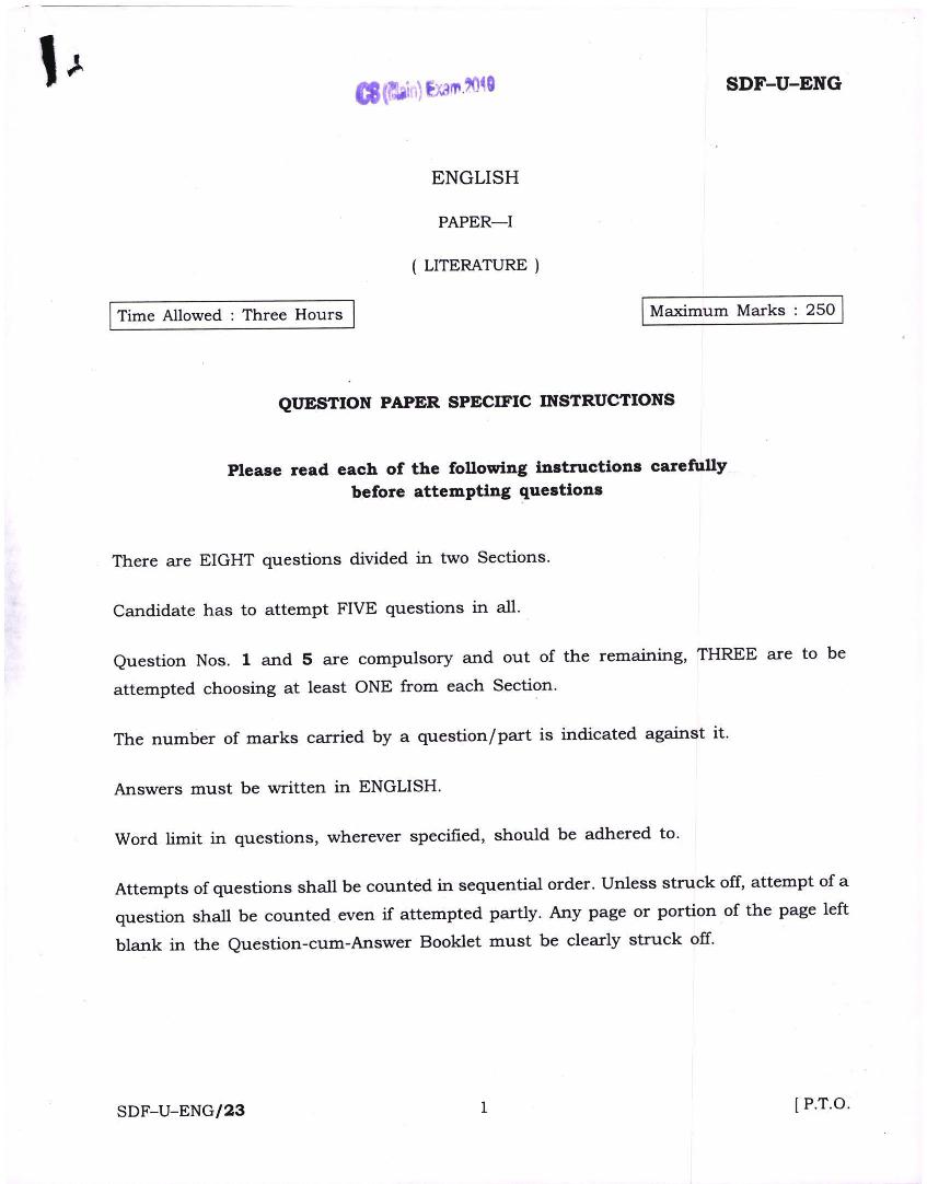 UPSC IAS 2019 Question Paper for English Literature Paper-I - Page 1
