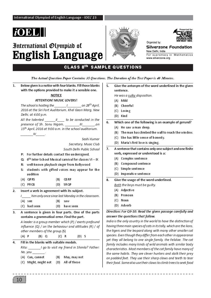 SilverZone iOEL Sample Paper 2022 Class 8  - Page 1
