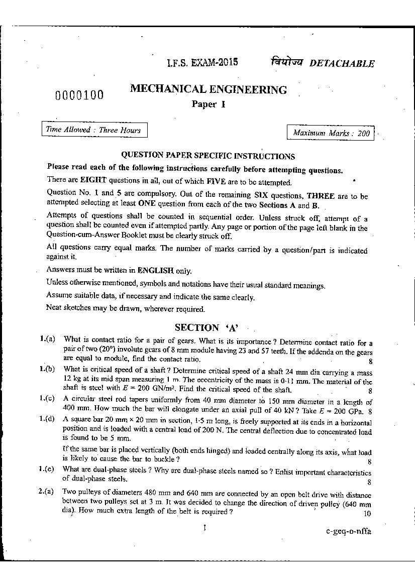 UPSC IFS 2015 Question Paper for Mechanical Engineering Paper-I - Page 1