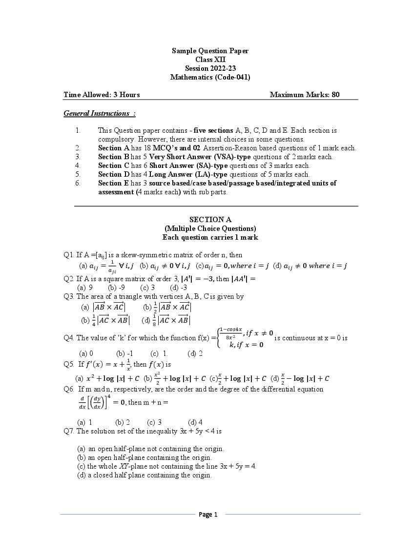 CBSE Class 12 Sample Paper 2023 Maths - Page 1