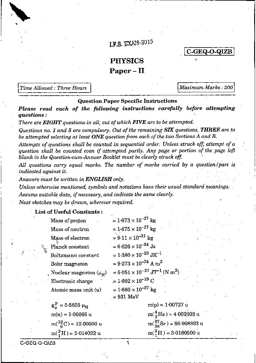 UPSC IFS 2015 Question Paper for Physics Paper-II - Page 1