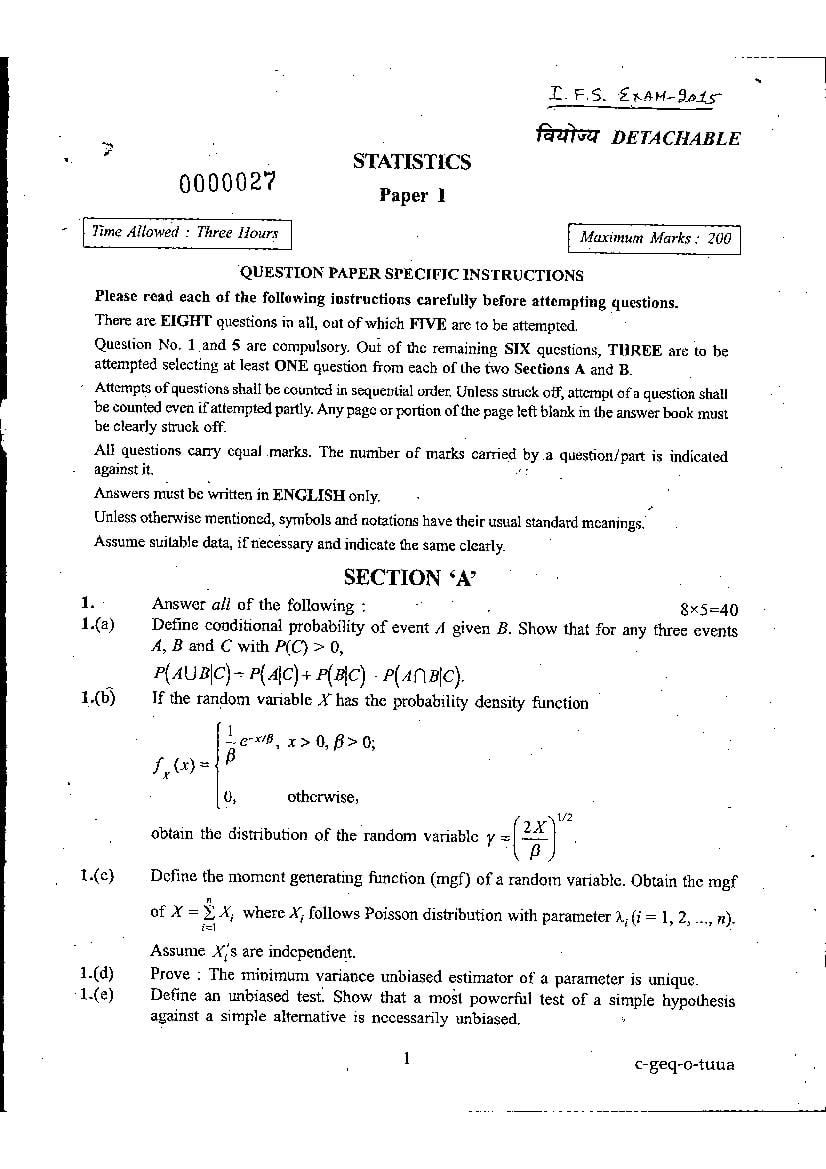 UPSC IFS 2015 Question Paper for Statistics Paper-I - Page 1