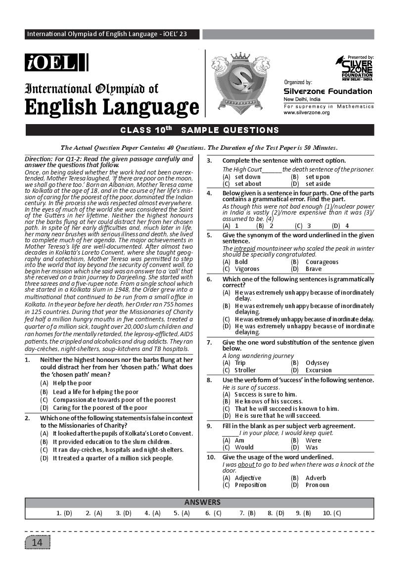 SilverZone iOEL Sample Paper 2022 Class 10  - Page 1