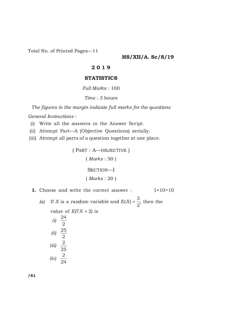 MBOSE Class 12 Question Paper 2019 for Statistics - Page 1