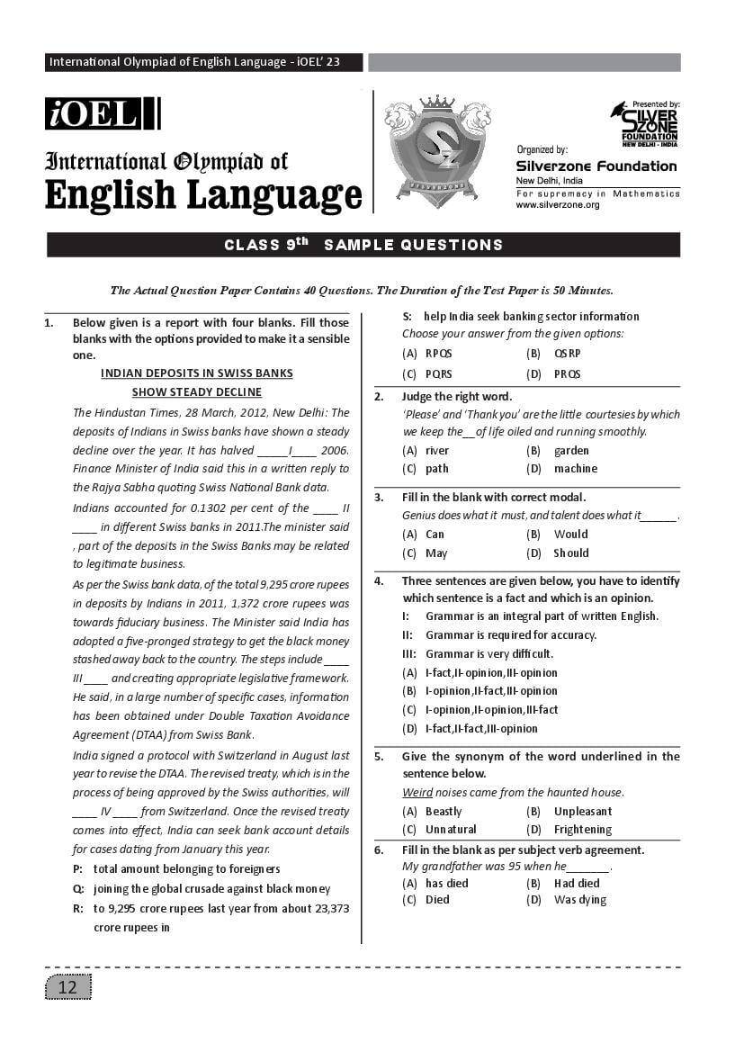 SilverZone iOEL Sample Paper 2022 Class 9  - Page 1