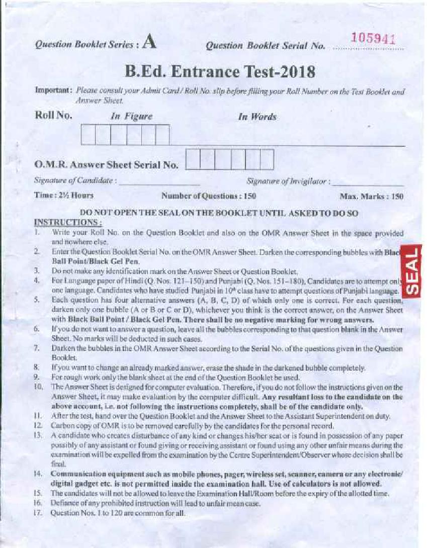 PU B.Ed Entrance Exam 2018 Question Paper (Punjab) - Page 1