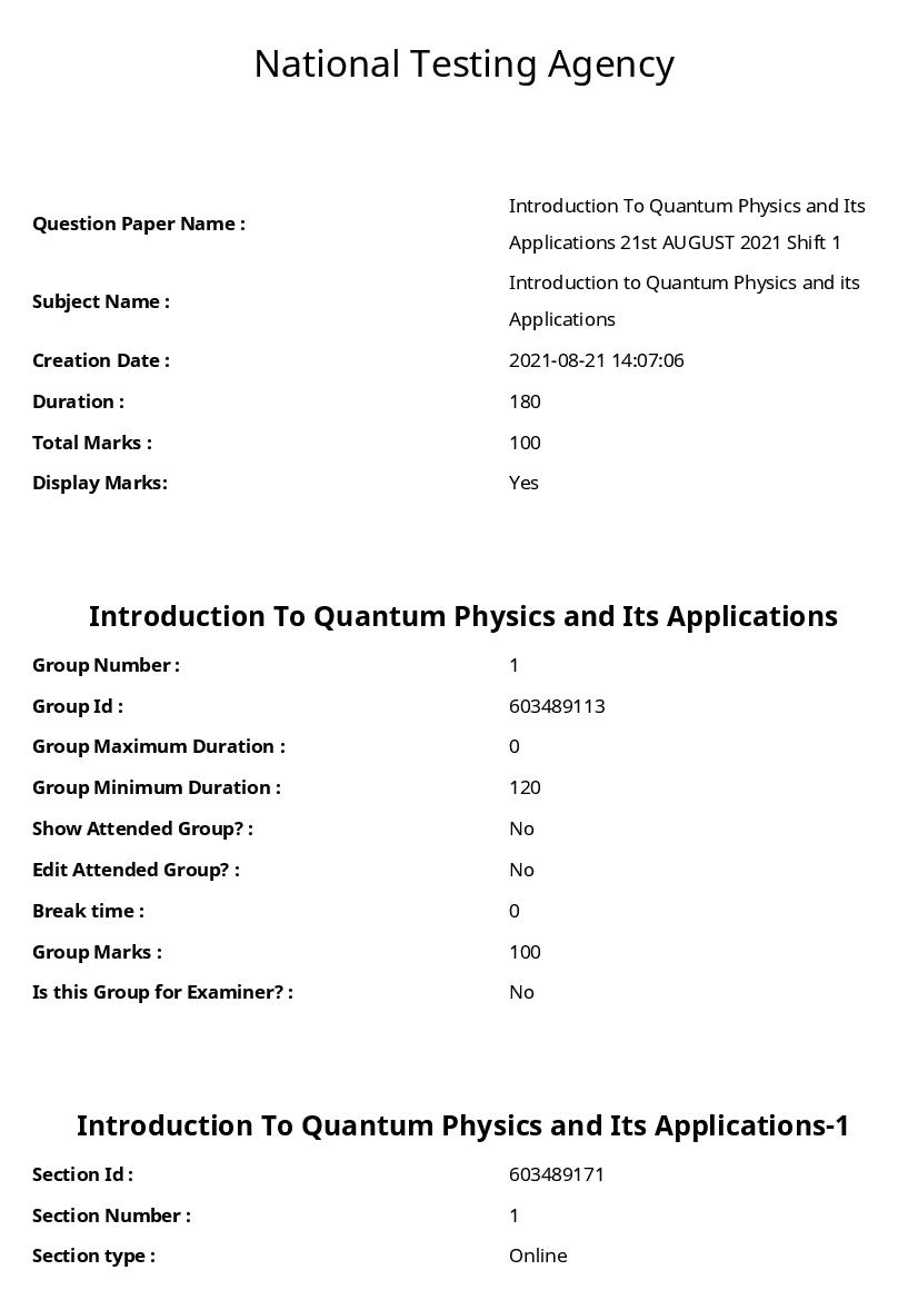 ARPIT 2021 Question Paper for Introduction to Quantum Physics and Its Applictions - Page 1 of 27