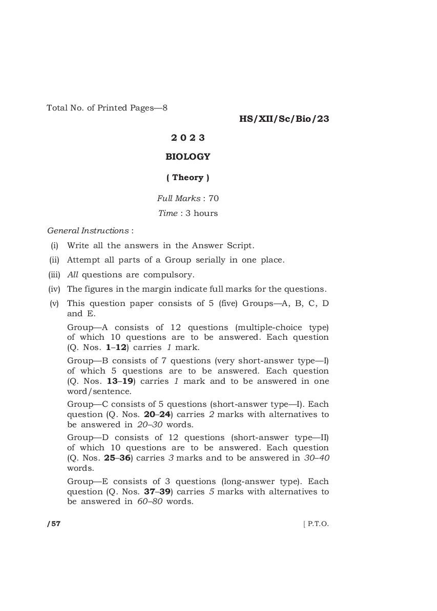 MBOSE Class 12 Question Paper 2023 for Biology - Page 1