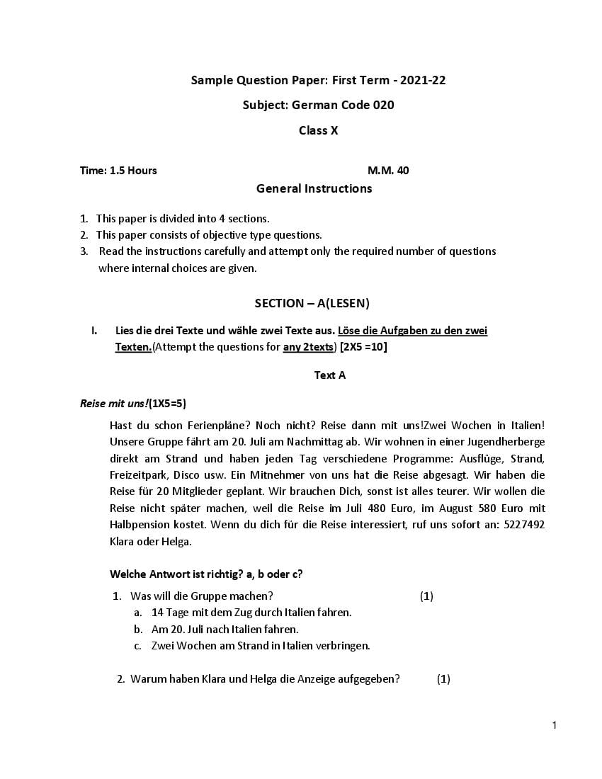 CBSE Class 10 Sample Paper 2022 for German Term 1 - Page 1