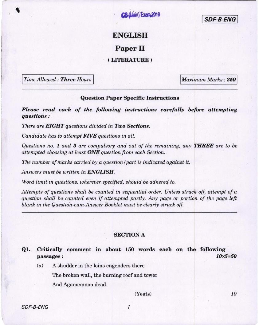 UPSC IAS 2019 Question Paper for English Literature Paper-II - Page 1